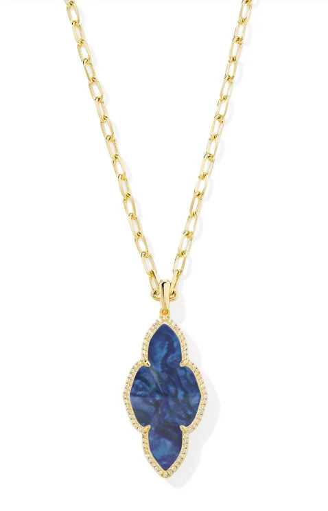 birthday gift necklaces for women -Abbie Gold Plated Navy Abalone Pave Frame Large Long Pendant Necklace by Kendra Scott