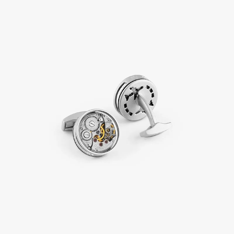 flower bangles for women -Slim Skeleton Gear Cufflinks In Silver With Matte Palladium Plated