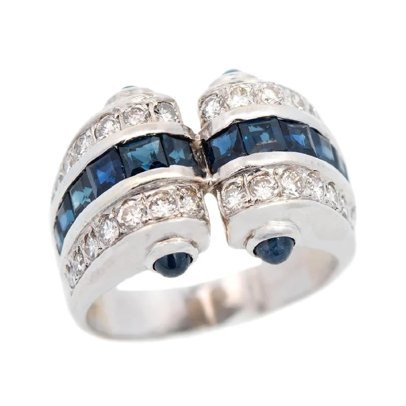 double band rings -Retro 18k White Gold Diamond and Sapphire Statement Ring