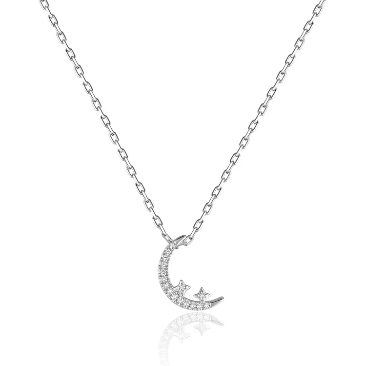 fine jewelry necklaces -14K White Gold 0.04cttw H/I SI Moon & Stars Diamond Pendant Necklace by Luvente