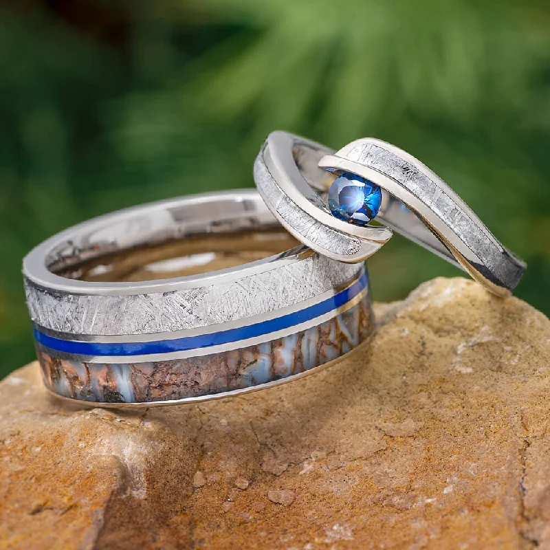 gemstone rings for women -Meteorite & Dinosaur Bone Wedding Ring Set, Matching Blue Rings