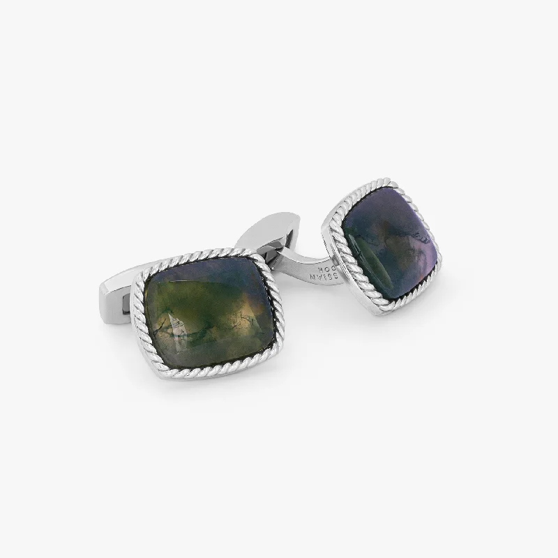 double-layer bracelets for women -Cable Cufflinks In Sterling Silver with Green Moss Agate (Limitied Edition)