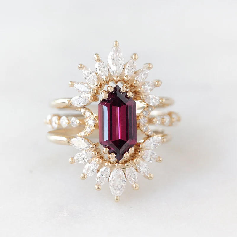 square rings for women -Long hexagon Rhodolite and Sunburst Nesting rings diamonds three ring set