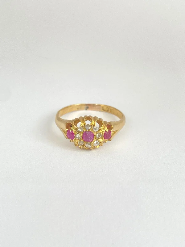 wedding bands for women -Antique 18ct Gold Ruby and Rose Cut Diamond Flower Ring, Hallmarked 18ct Gold