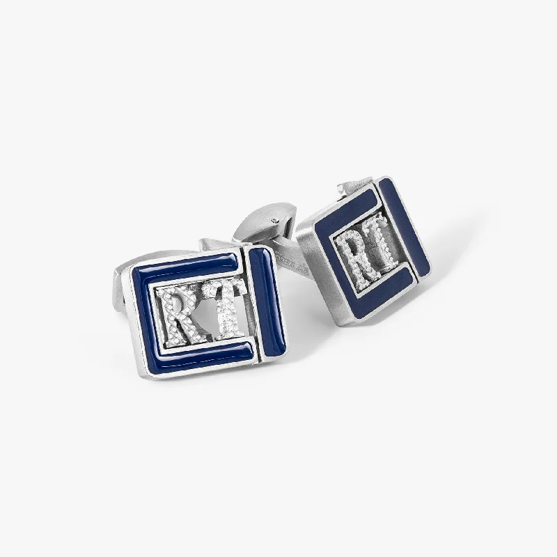 silver bangles for bridal wear -Grapheme Personalised Initials Cufflinks in Stainless Steel with Navy Enamel