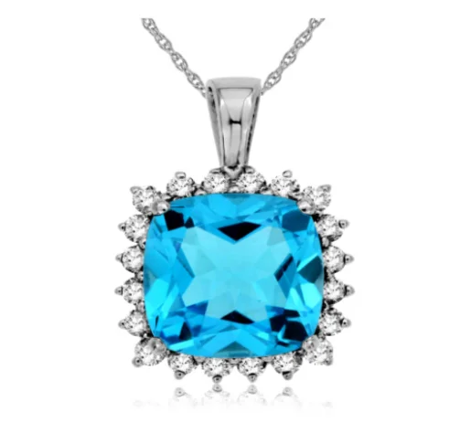 crystal necklaces for women -14K White Gold 4.95ct Cushion Cut Blue Topaz & 0.45cttw SI1 G-H Diamond Pendant Necklace by RJM