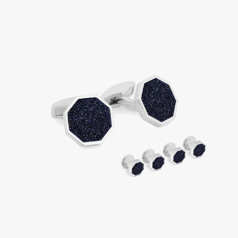 thick cuff bracelets -London Eye Cufflinks and Shirt Studs in Rhodium Silver with Blue Goldstone