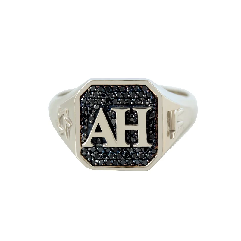 gemstone rings for women -Fully Personalized Men College Signet Ring, Black Diamonds