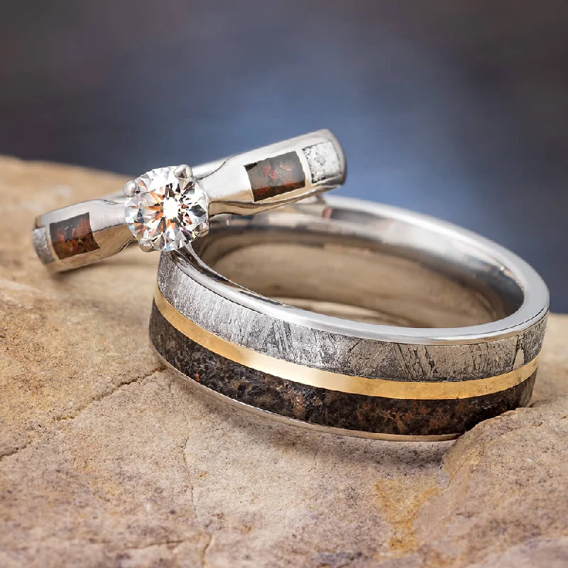 rose gold rings for women -Matching Dinosaur Bone and Meteorite Wedding Ring Set