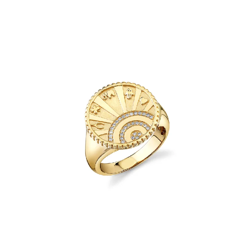 classic wedding rings for women -Gold & Diamond Small Luck Coin Signet Ring