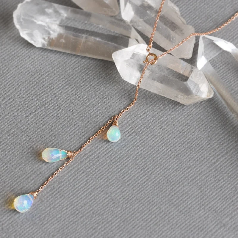 silver heart necklaces for women -The Opal Cascade Lariat Necklace | 10K Rose Gold