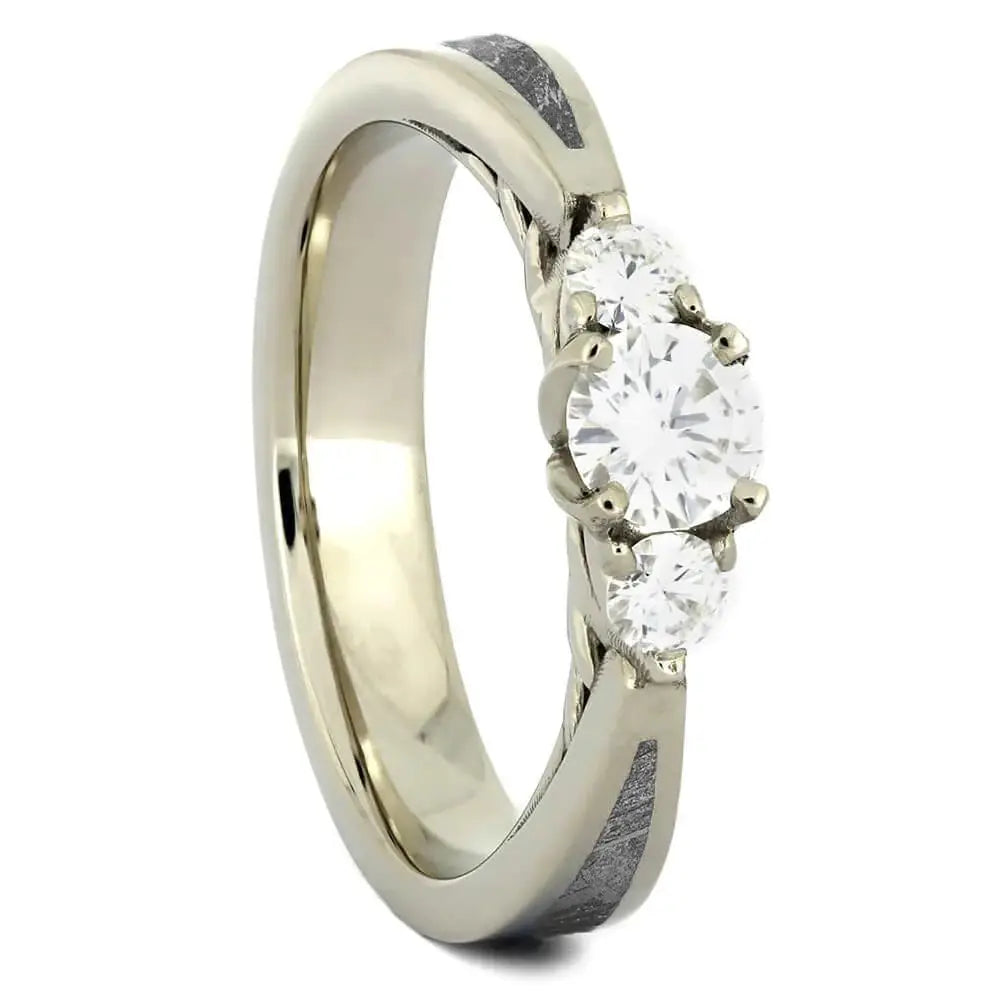 stackable diamond rings -14k White Gold Moissanite Ring with Meteorite