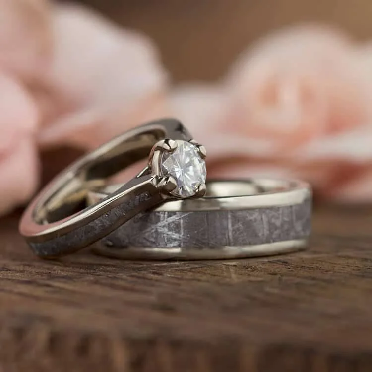 double stone rings -Meteorite Wedding Ring Set With White Gold And Titanium