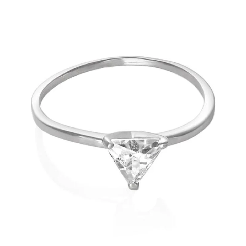 silver band rings for women -Petite Triangle Cut Trillion Cubic Zirconia Sterling Silver CZ Solitaire Fashion Ring