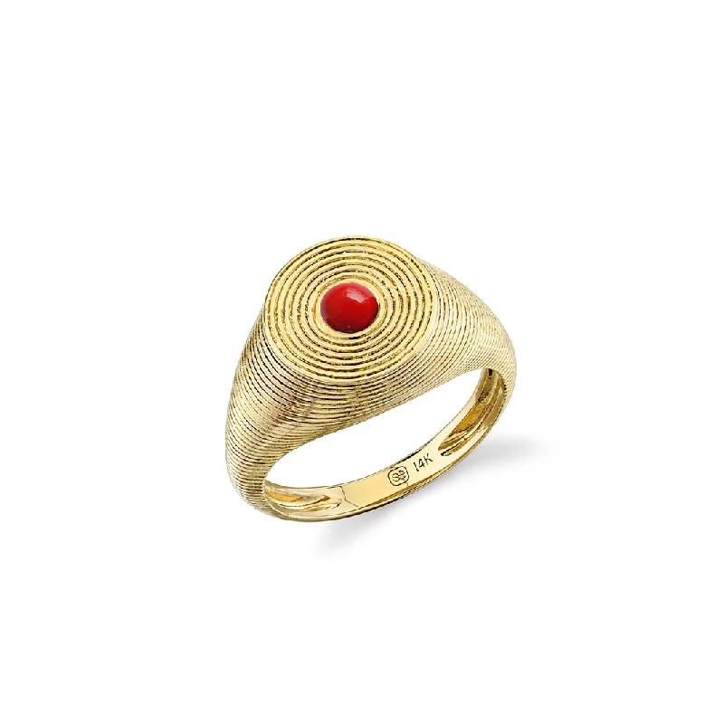 cocktail rings for women -Gold & Red Coral Large Fluted Signet Ring