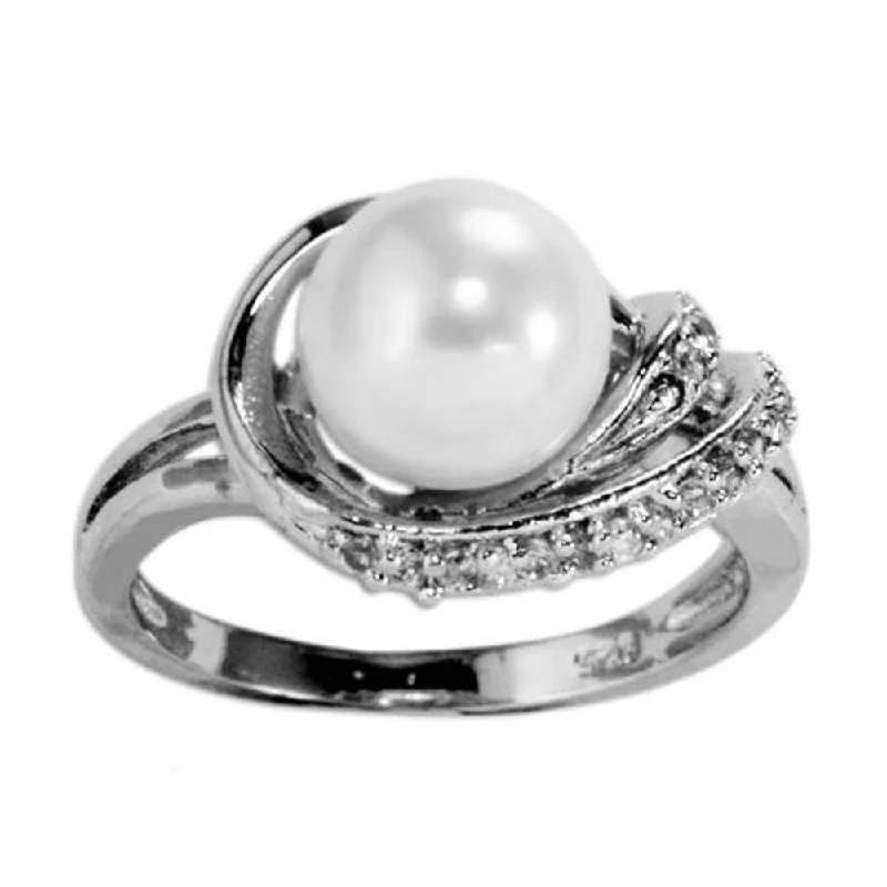 stackable rings for women -Sea Treasure Faux Pearl with Cubic Zirconia CZ Pave Sterling Silver Fashion Statement Ring