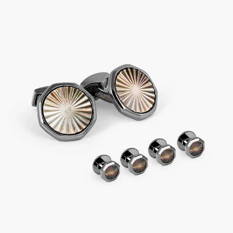 flower bangles for women -Sunburst Cufflinks & Dress Shirt Studs In Gunmetal & Grey Mother Of Pearl