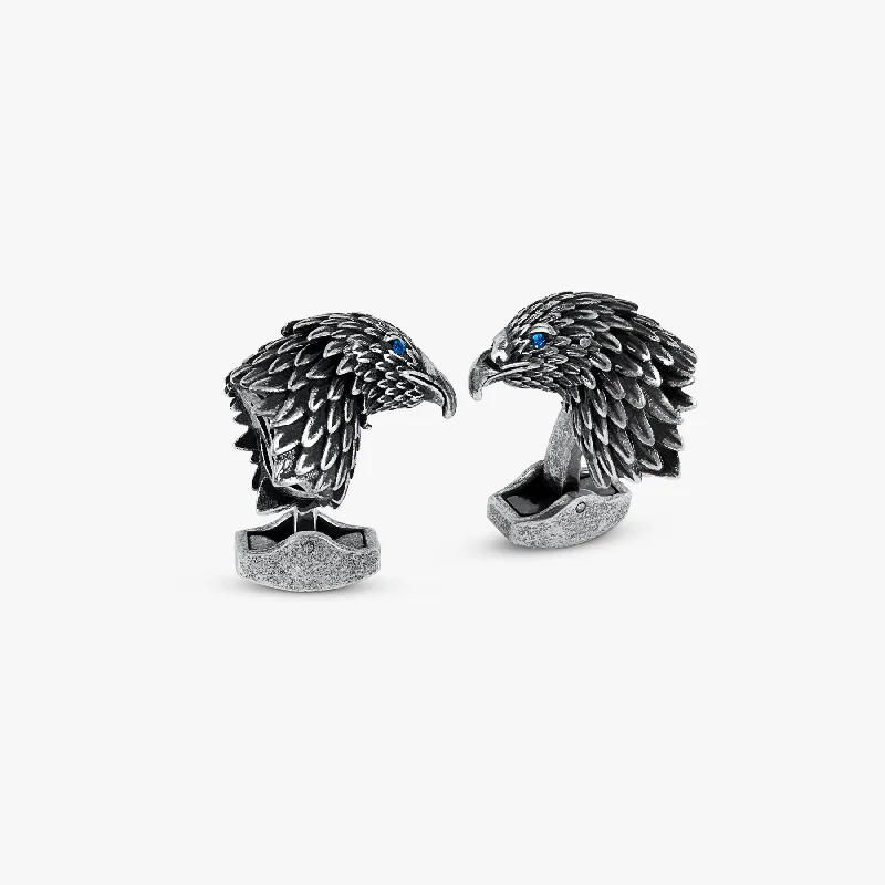 custom silver bangles -Oxidised Silver Eagle Mechanical Cufflinks With Blue Swarovski Elements