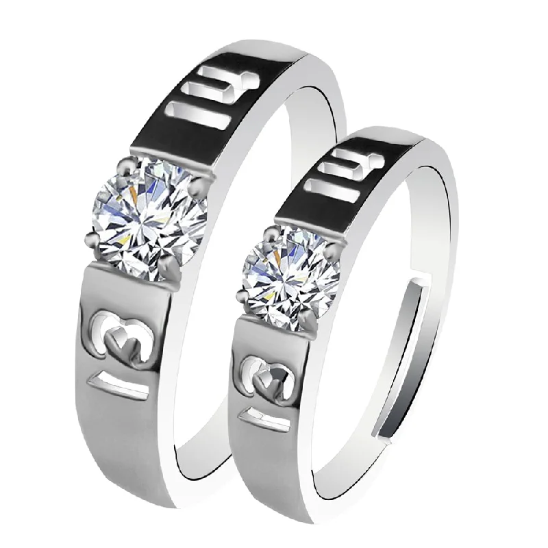 gold heart rings -Urbana Rhodium Plated Solitaire Couple Ring Set With Crystal Stone - 1506372-1506372