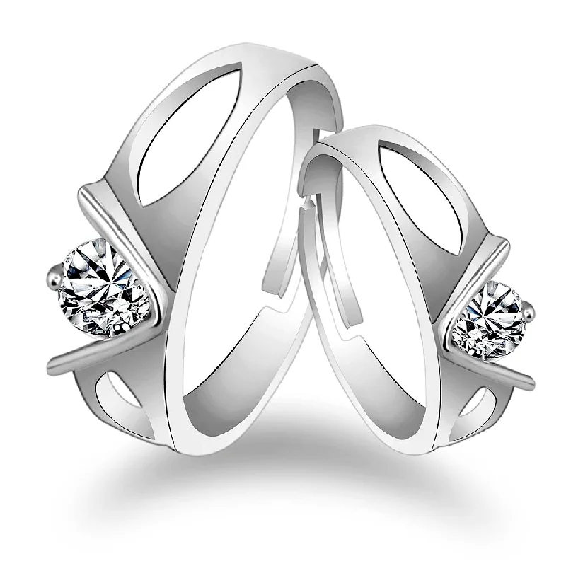 gold plated rings for women -Urbana Rhodium Plated Solitaire Couple Ring Set With Crystal Stone-1506319