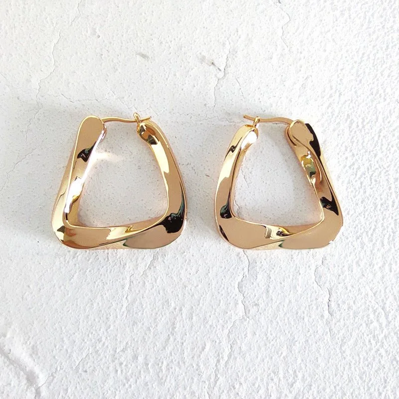 trendy earrings for women -Twisted Triangular Hoop Earring in Two Sizes