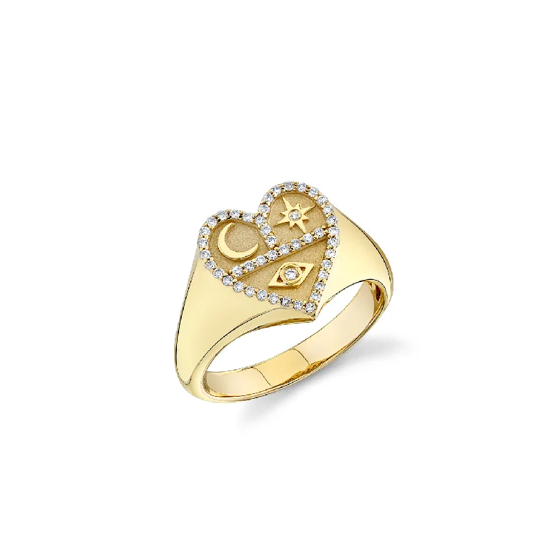 gold heart rings -Gold & Diamond Small Heart Tricon Signet Ring