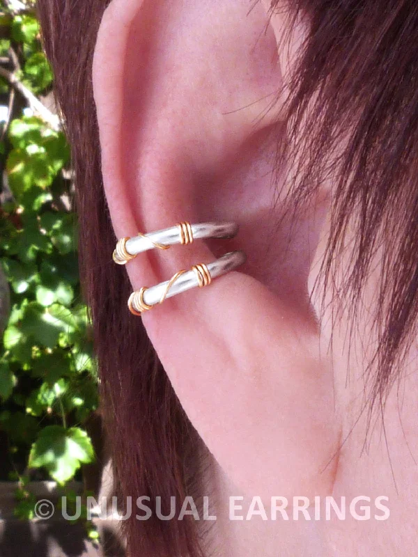 trendy bracelets for women -Yolo, Sterling Silver double earcuff with gold wrap