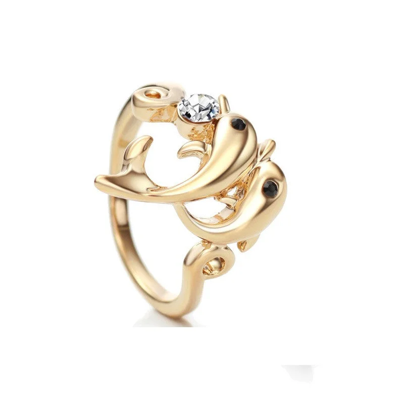 rings with initials -14K Gold Plated Austrian Rhinestone Dolphin Ring