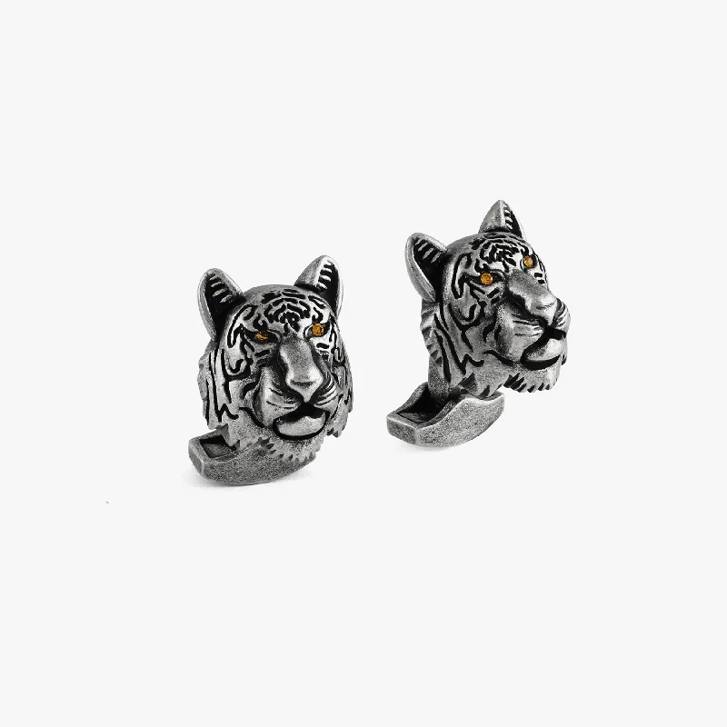 bohemian style bracelets for women -Oxidised Silver Tiger Mechanical Cufflinks With Orange Swarovski Elements