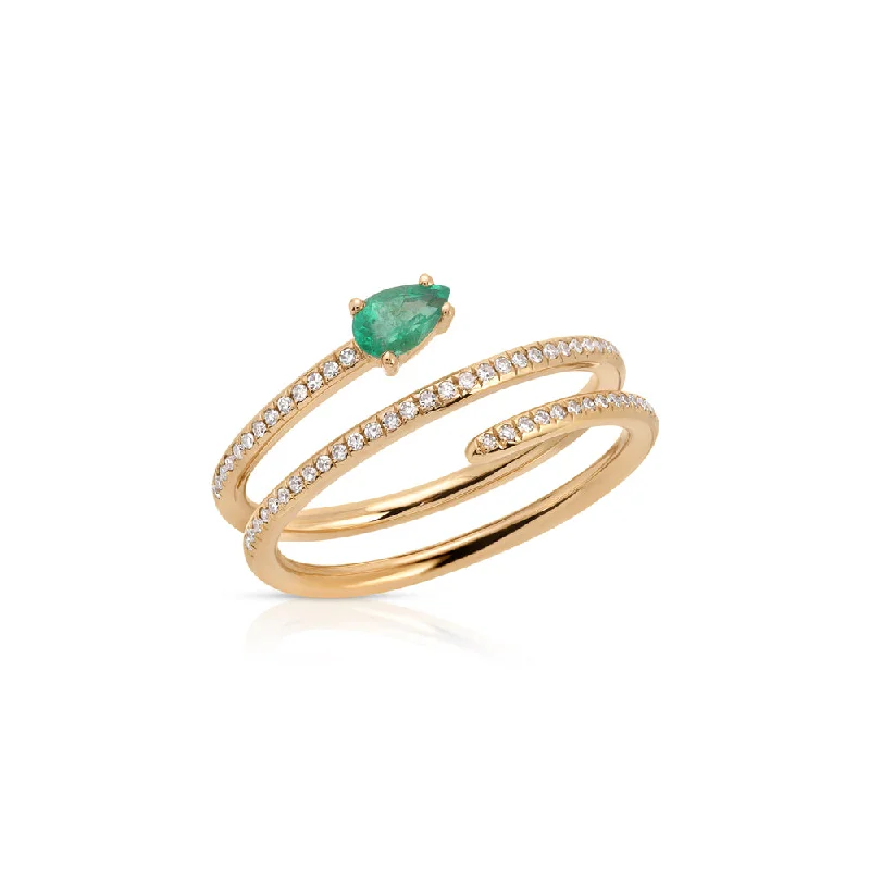 fashion rings for women -14K Rose Gold Pear Shape Emerald and Diamond Pave Coil Ring