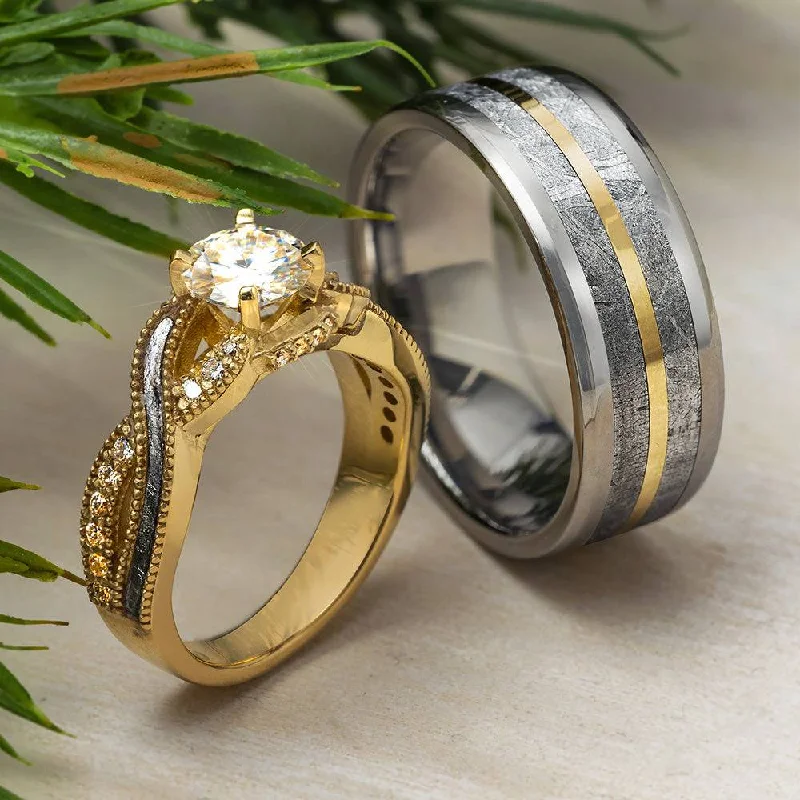 wedding bands for women -Matching Meteorite Wedding Ring Set with Yellow Gold Accents