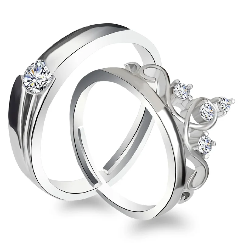 gemstone cocktail rings -Urbana Rhodium Plated Solitaire Couple Ring Set With Crystal Stone-1506394