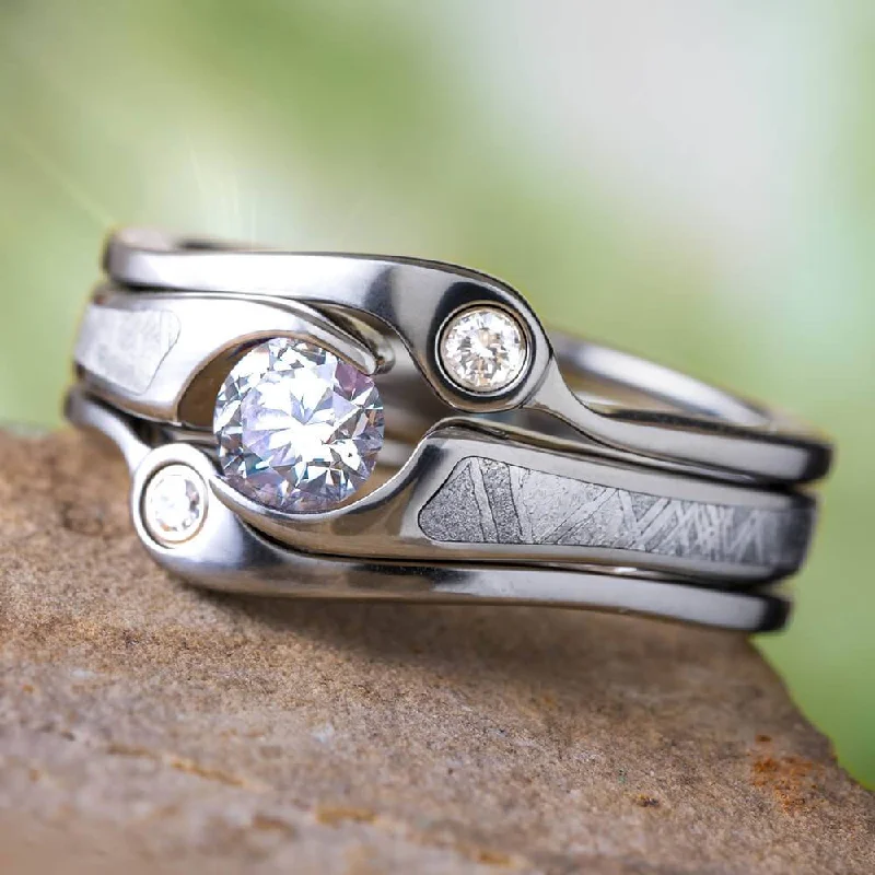 luxury fashion rings for women -Meteorite Bridal Set with Titanium Ring Guard