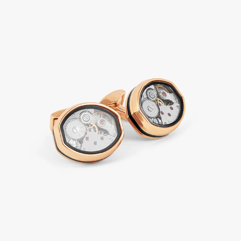 round bangles for women -Tonneau Skeleton Cufflinks in Rose Gold & Black Enamel