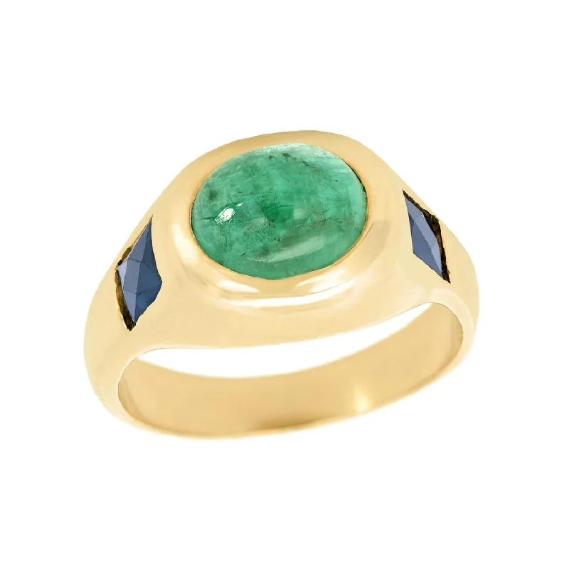 bold gemstone rings -Estate 14k Sapphire and Emerald Cabochon Flush Mount Ring