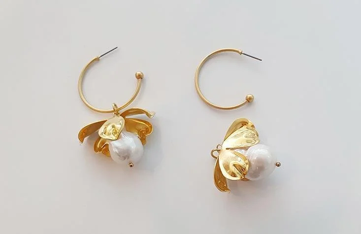 chic earrings for women -Petals and Pearl Gold Hoop Earrings with Removable Charm