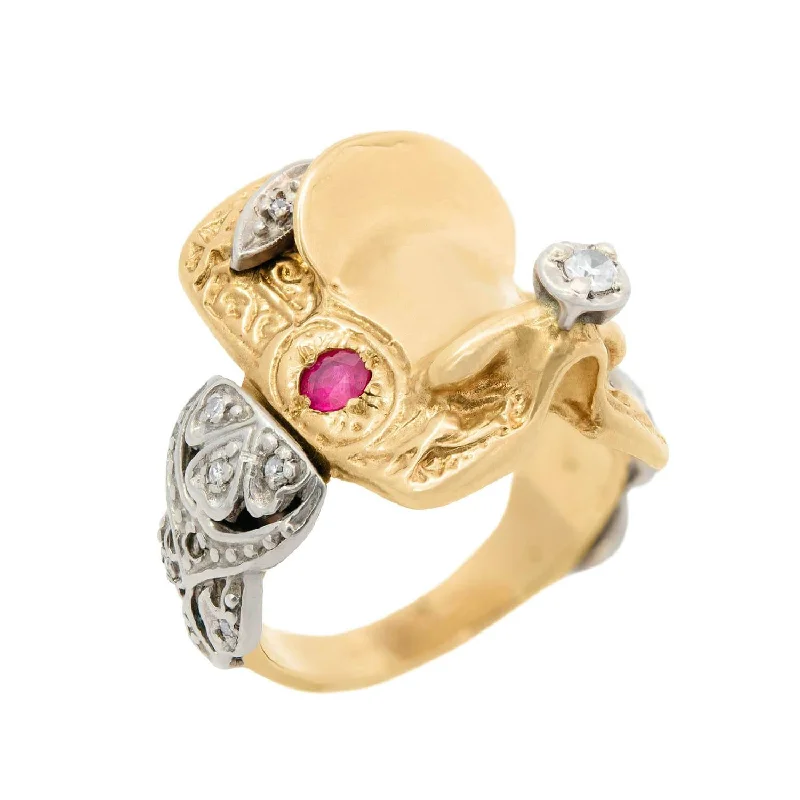 halo rings for women -Retro 14k Mixed Metal Ruby and Diamond Saddle Ring