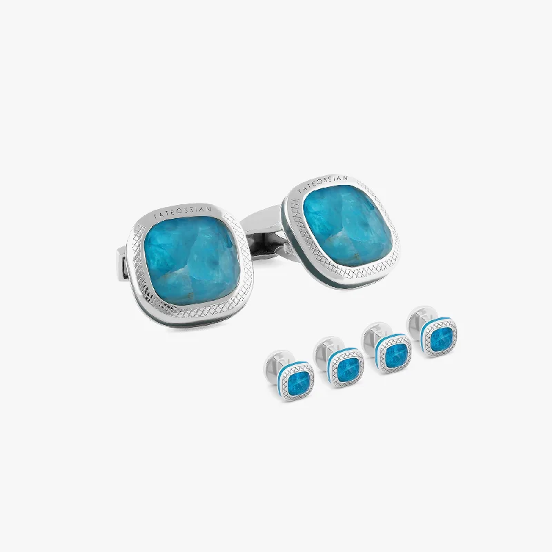 silver bangles for bridal wear -Apatite Doppione Cushion Cufflinks And Shirt Studs Set In Rhodium Silver