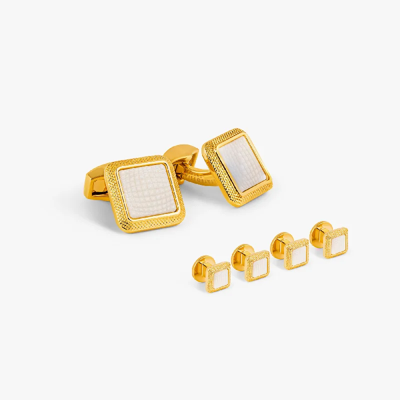 hammered bangles for women -Spazio Square Cufflink and Shirt Studs in Yellow Gold Plated with White Mother of Pearl