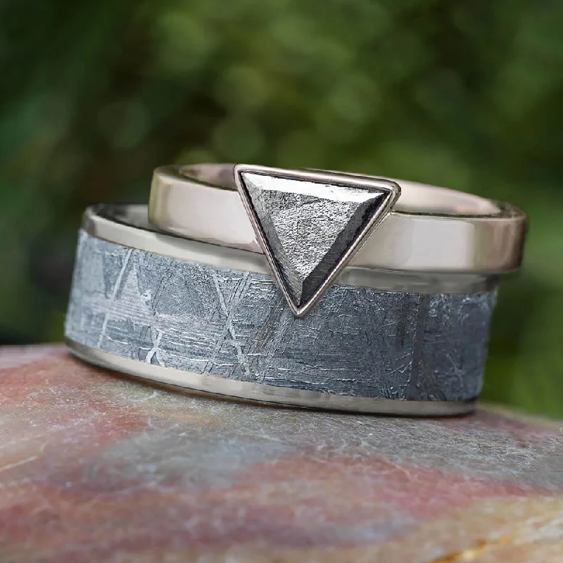 custom rings for women -Coordinating Meteorite Rings with Triangle Meteorite Stone