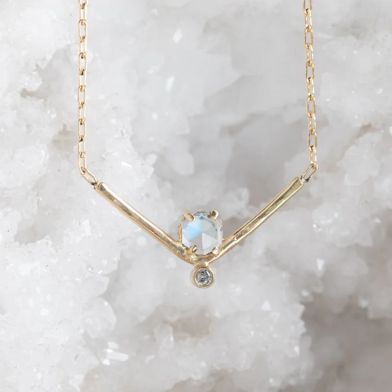 delicate gemstone necklaces for women -The Hexagon Moonstone + Diamond Necklace | 14K Yellow Gold