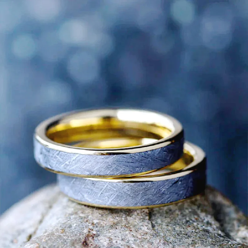 adjustable gold rings -Meteorite Ring Set, Matching Solid Yellow Gold Wedding Bands