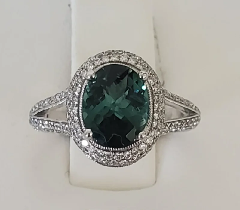 classic solitaire rings for women -14kt White Gold Green Tourmaline and Diamond Halo Ring