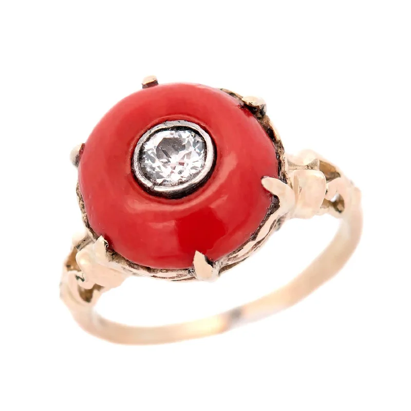 classic engagement rings -Edwardian 14K/Platinum Diamond and Coral Bead Ring