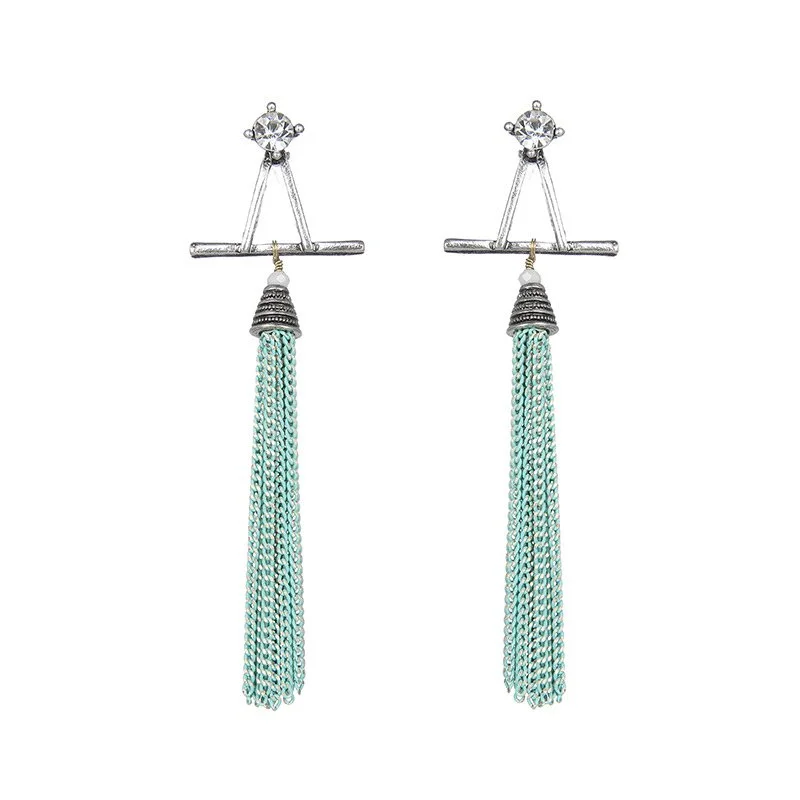 romantic earrings for women -Tassel and Diamond Stud Earrings | Oxidized Green and Silver