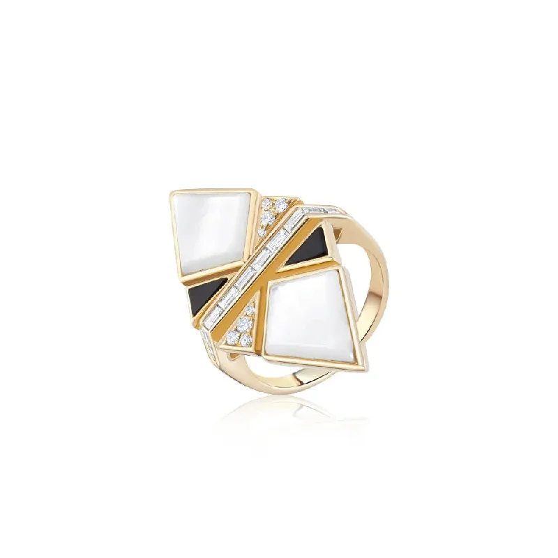 adjustable gold rings -Onyx & Mother of Pearl Geometric Ring