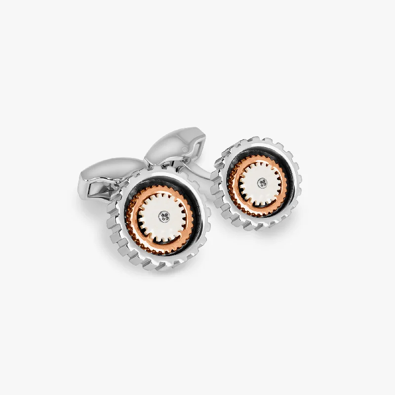 chunky bangles for women -Rotare Gear Cufflinks in Rhodium Plated with White Mother of Pearl