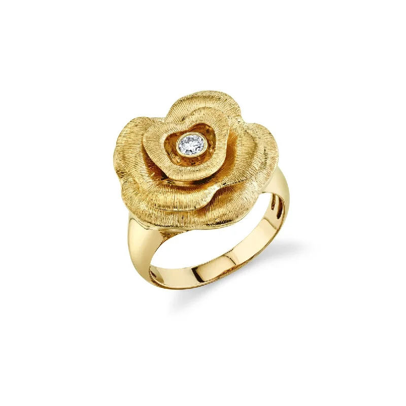 promise rings for women -Gold & Diamond Bezel Rose Signet Ring