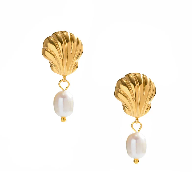 trendy hoop earrings -Clam Pearl Studs