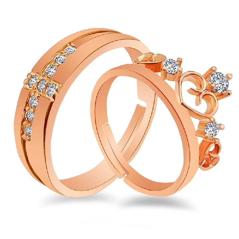 adjustable gold rings -Urbana Gold Plated Solitaire Couple Ring Set With Crystal Stone-1506332A